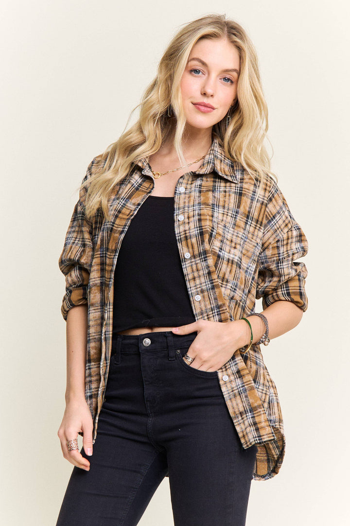 BURNOUT PLAID WASHED-LOOK SHIRT mustard