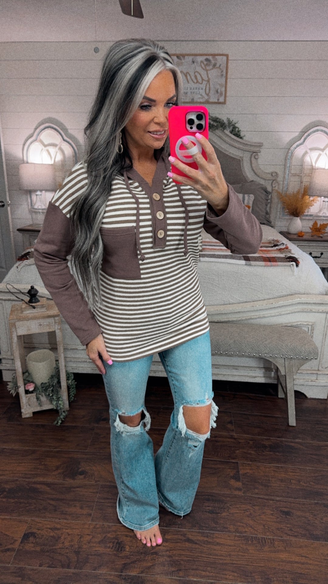 Sweet Comfort Henley Hoodie – Mocha Stripe