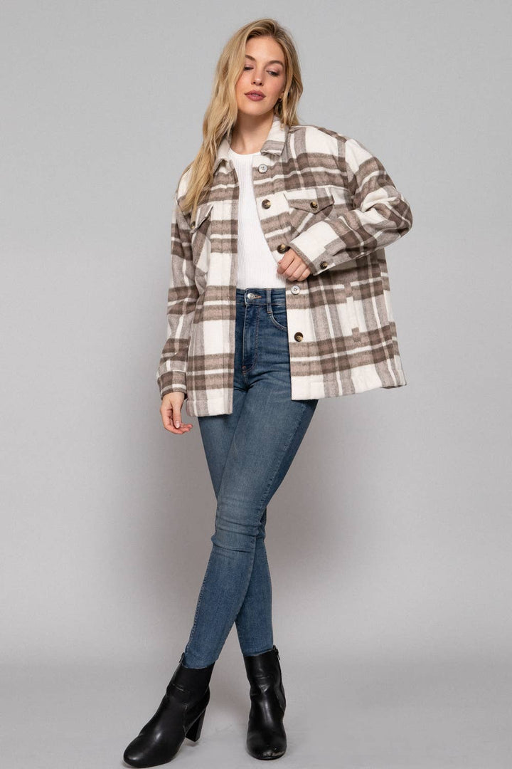 Long Sleeve Inside Faux Fur Brushed Plaid shacket