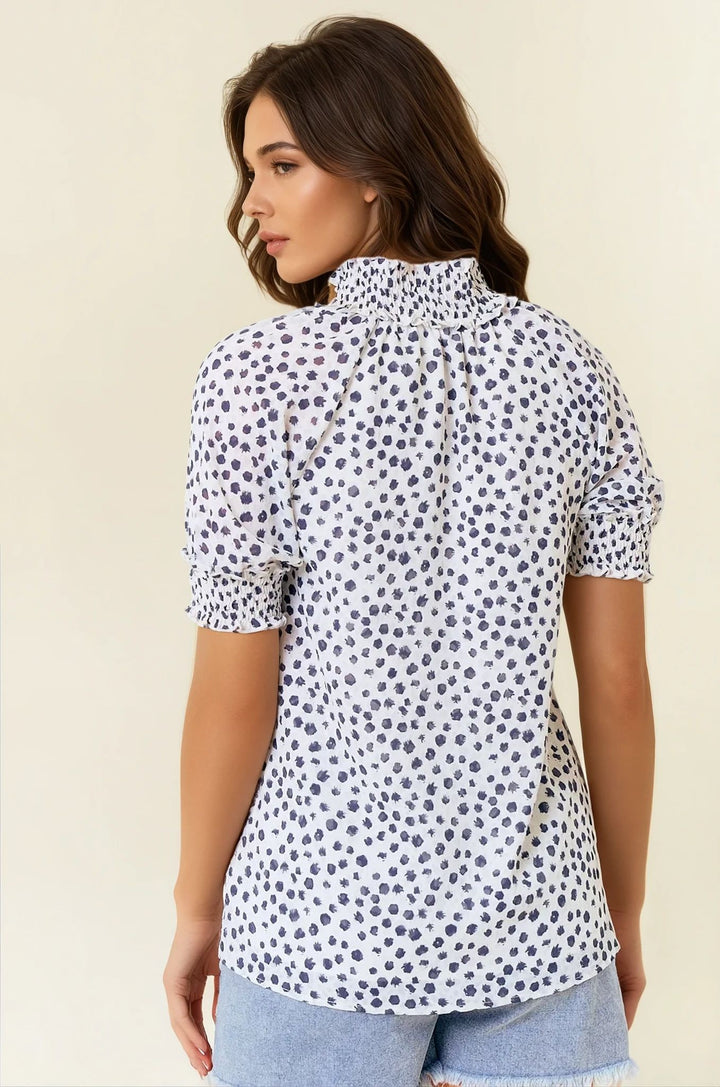 Dalmatian Ruffle Mock Neck Blouse