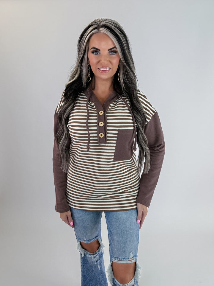 Sweet Comfort Henley Hoodie – Mocha Stripe