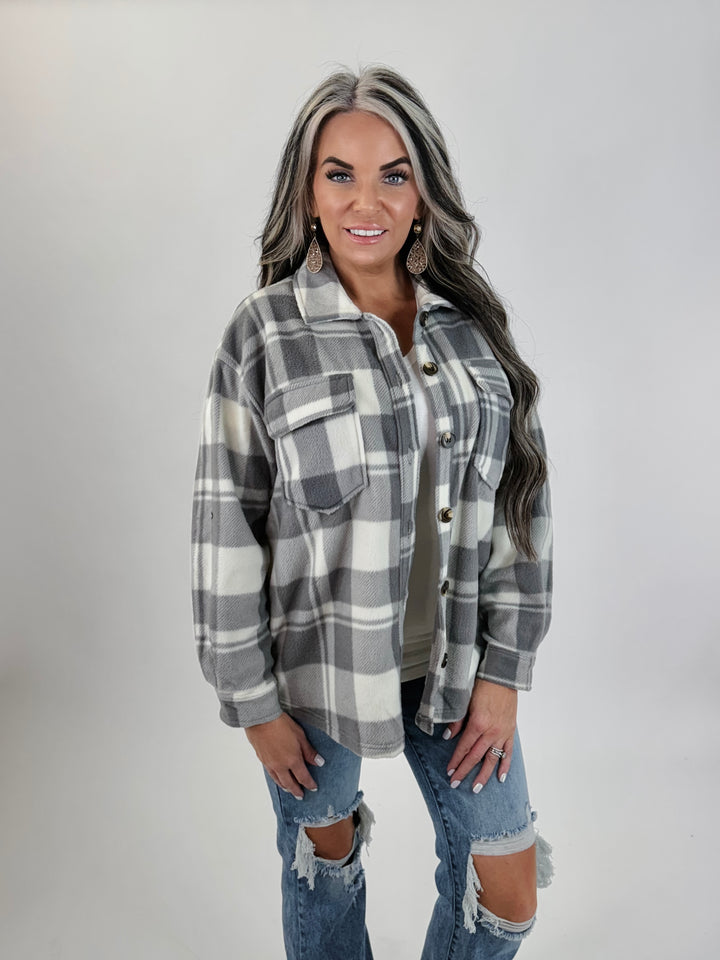 DOORBUSTER Long Sleeve Check Printed Fleece Shacket: GREY
