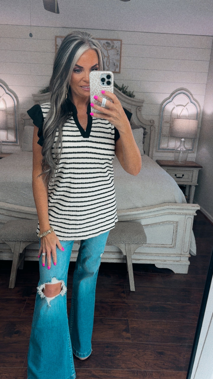 Black & Cream Flutter Sleeve Top