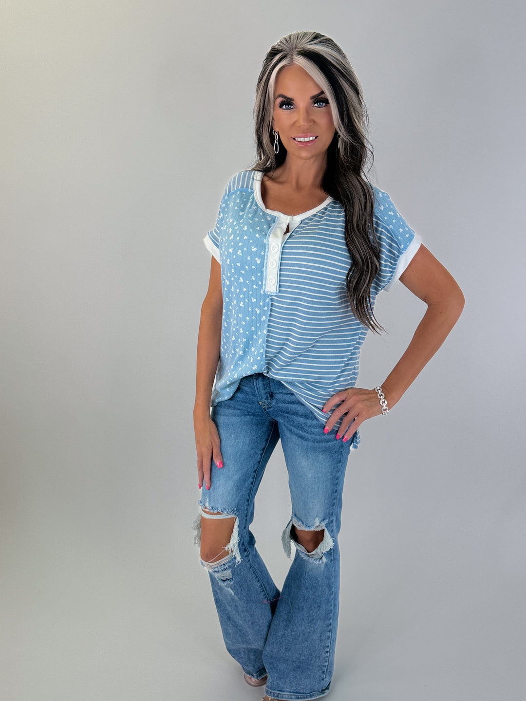 Sweet Mixed Print Henley Top