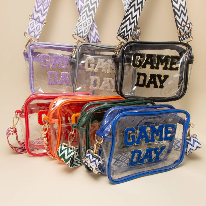 “Game Day” Fuzzy Chenille Clear Crossbody Bag: Black