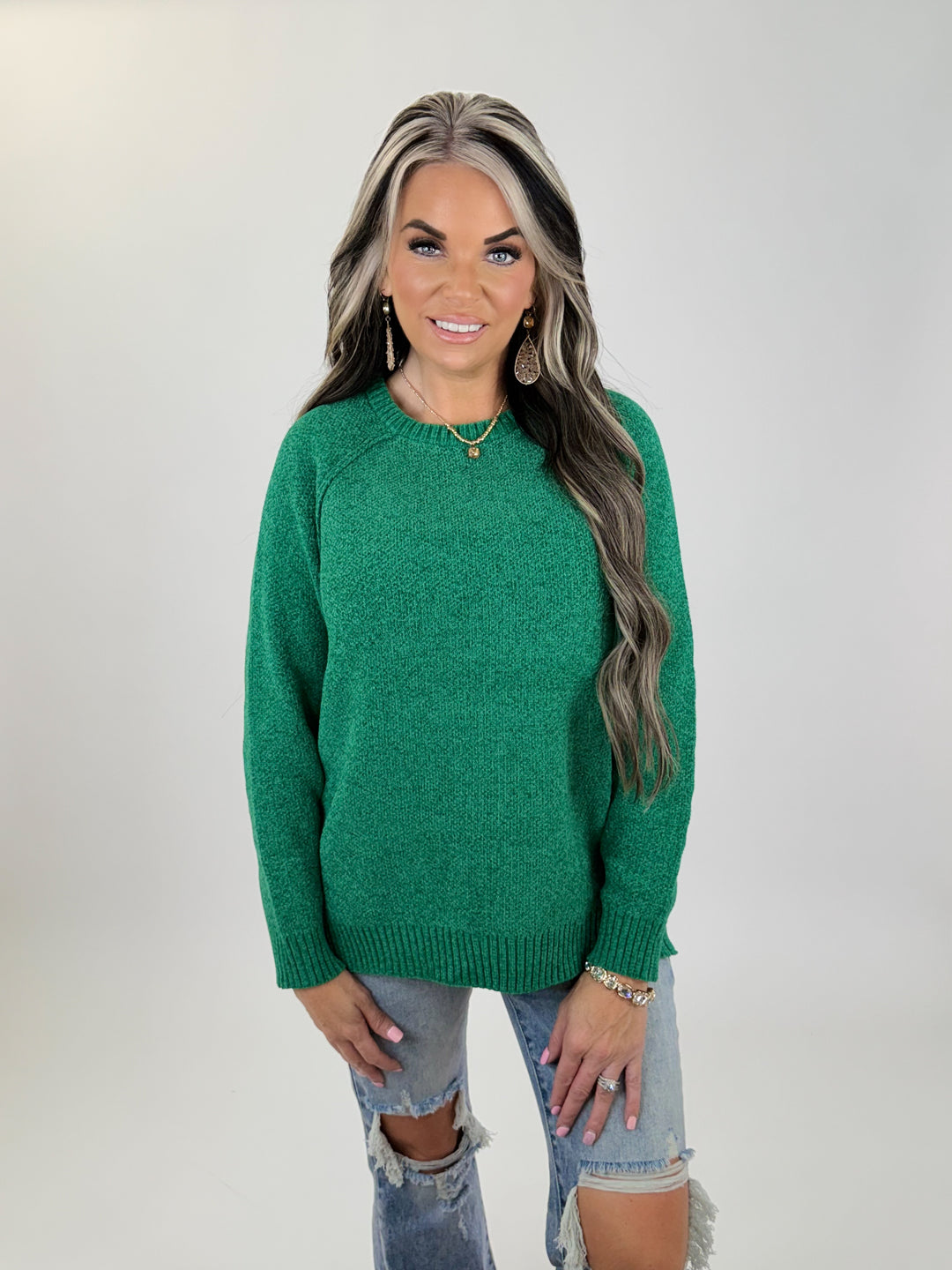 PERFECTLY YOU  CHENILLE RAGLAN SWEATER GREEN