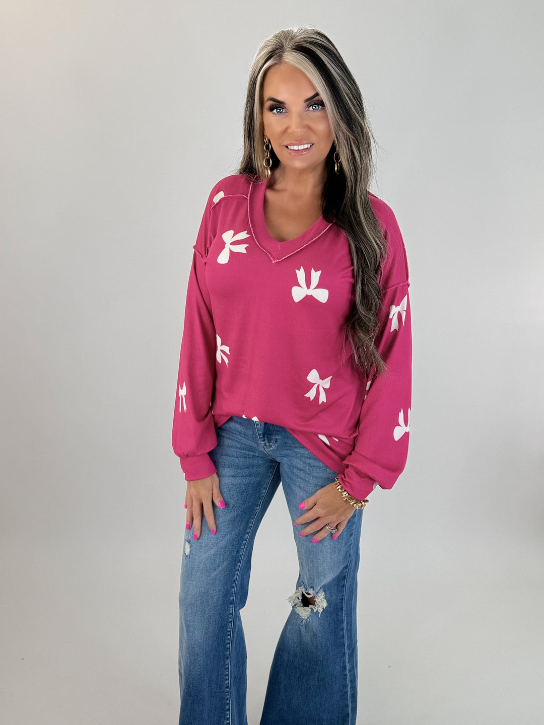 Bow Print V-Neck Top