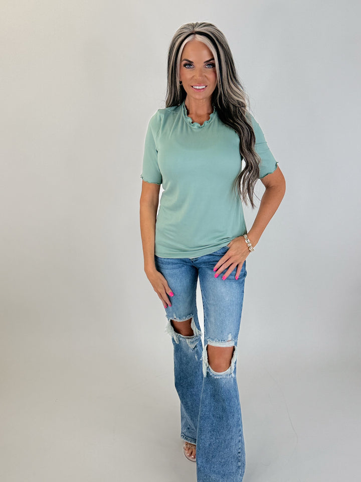Sage Ruffle Neck Top