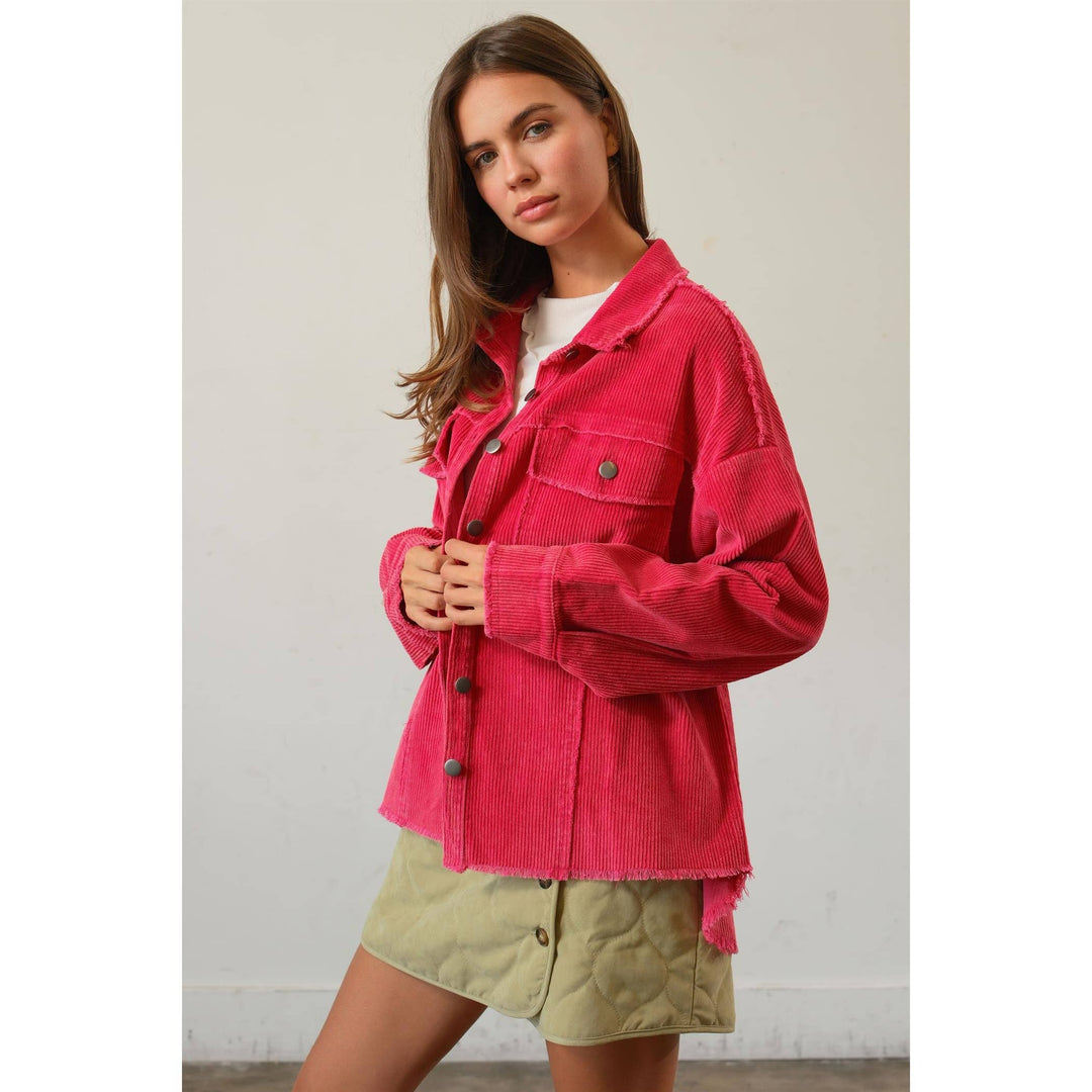 Door buster Washed Corduroy Frayed Shacket: HOT PINK