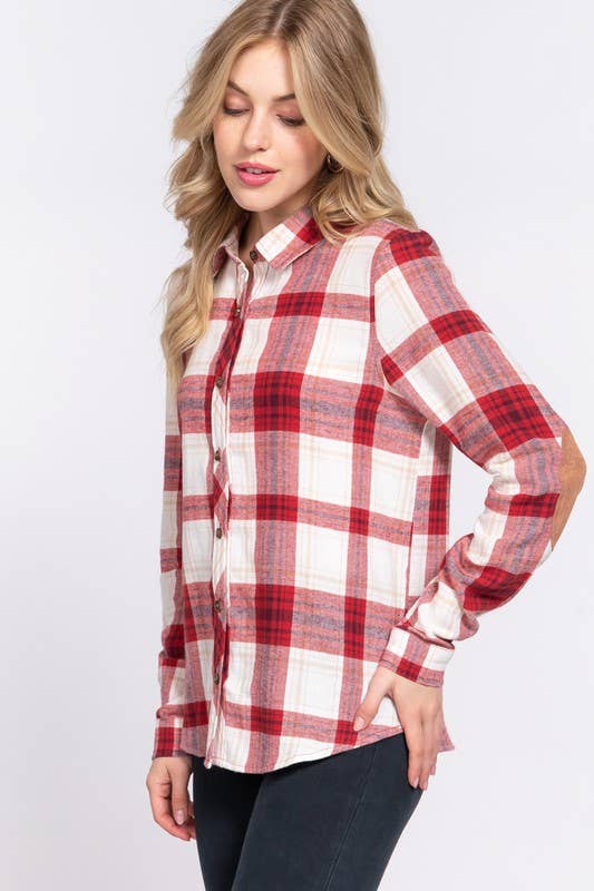 DOORBUSTER Flannel with Suede Patch Button Down Plaid Shirt: Red-Ivory