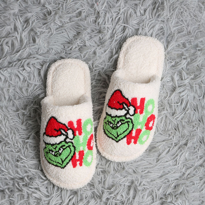 HOHOHO PATTERN EMBROIDERED LUXURY SOFT SLIPPERS