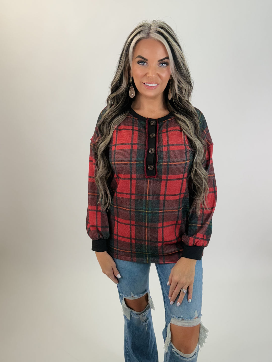 DOORBUSTER Plaid Button Henley Top