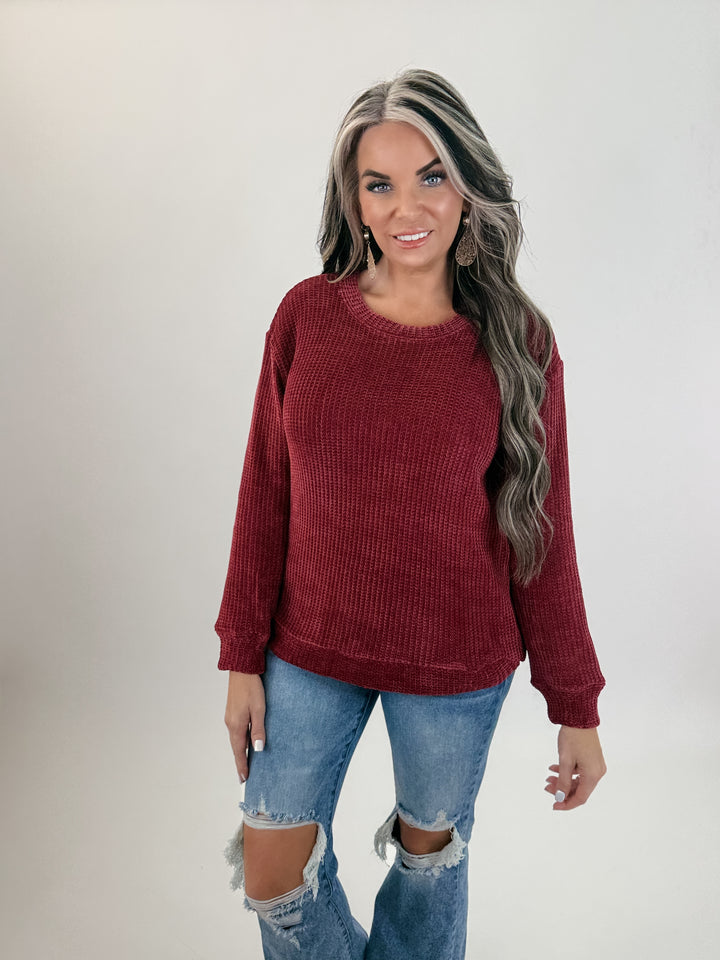 Doorbuster - Warm Wishes Chenille Sweater – burgundy
