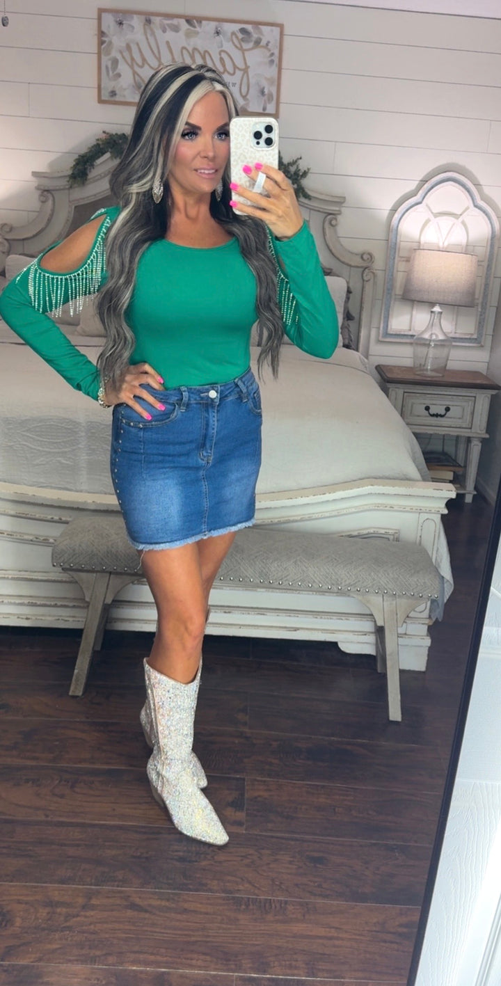 Emerald Rodeo Fringe bodysuit