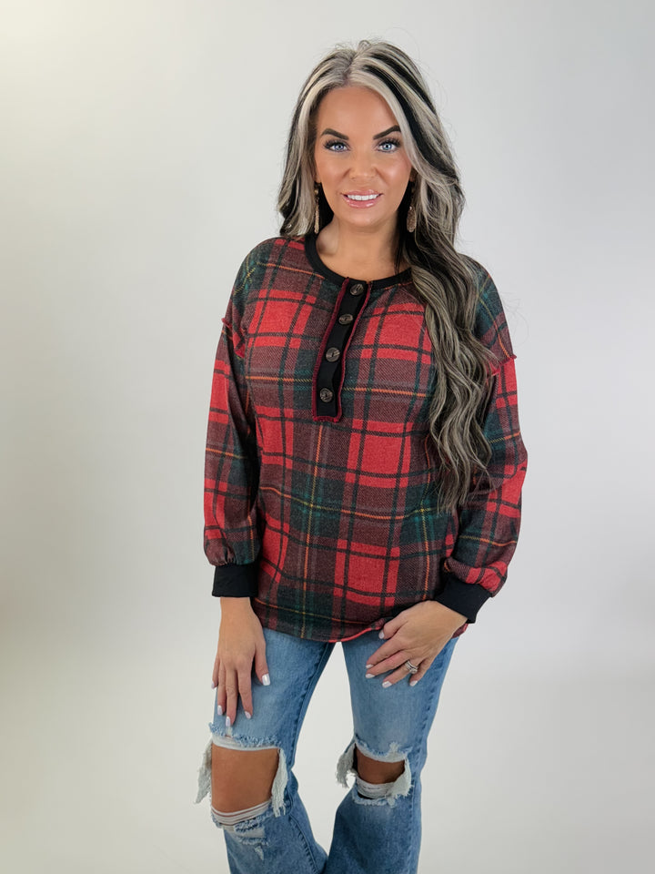 DOORBUSTER Plaid Button Henley Top