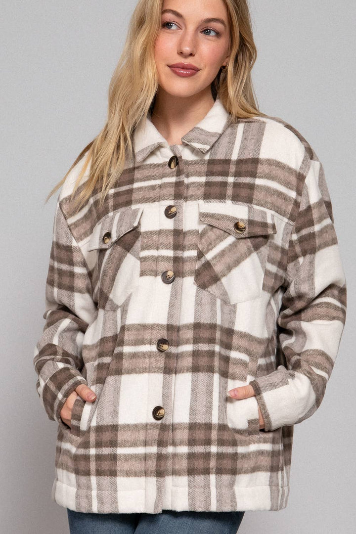 Long Sleeve Inside Faux Fur Brushed Plaid shacket