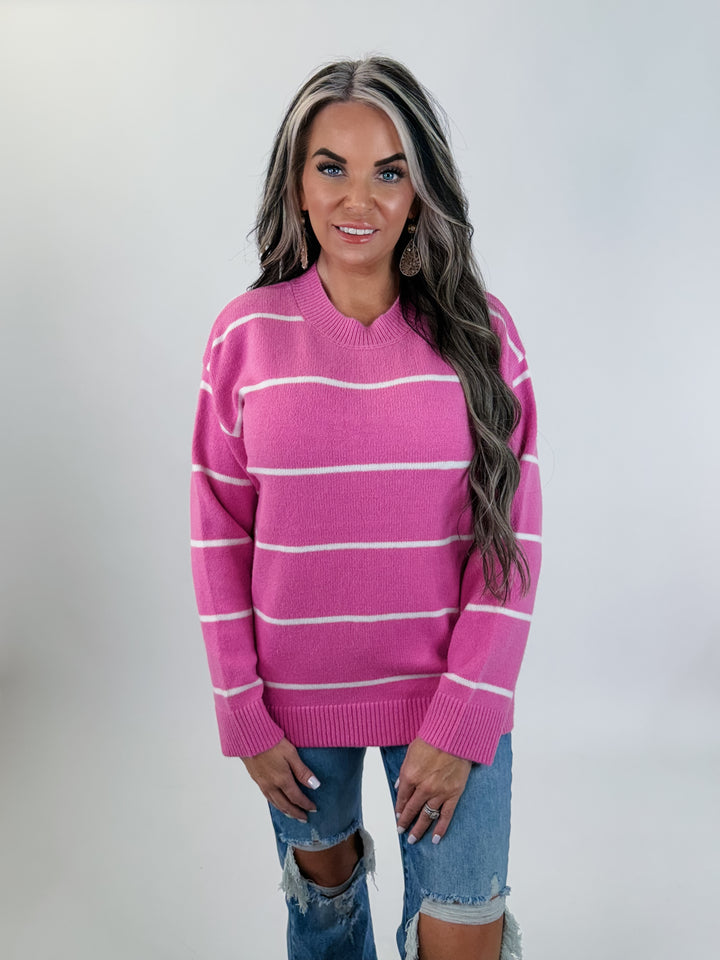Striped Drop Shoulder Sweater -pink
