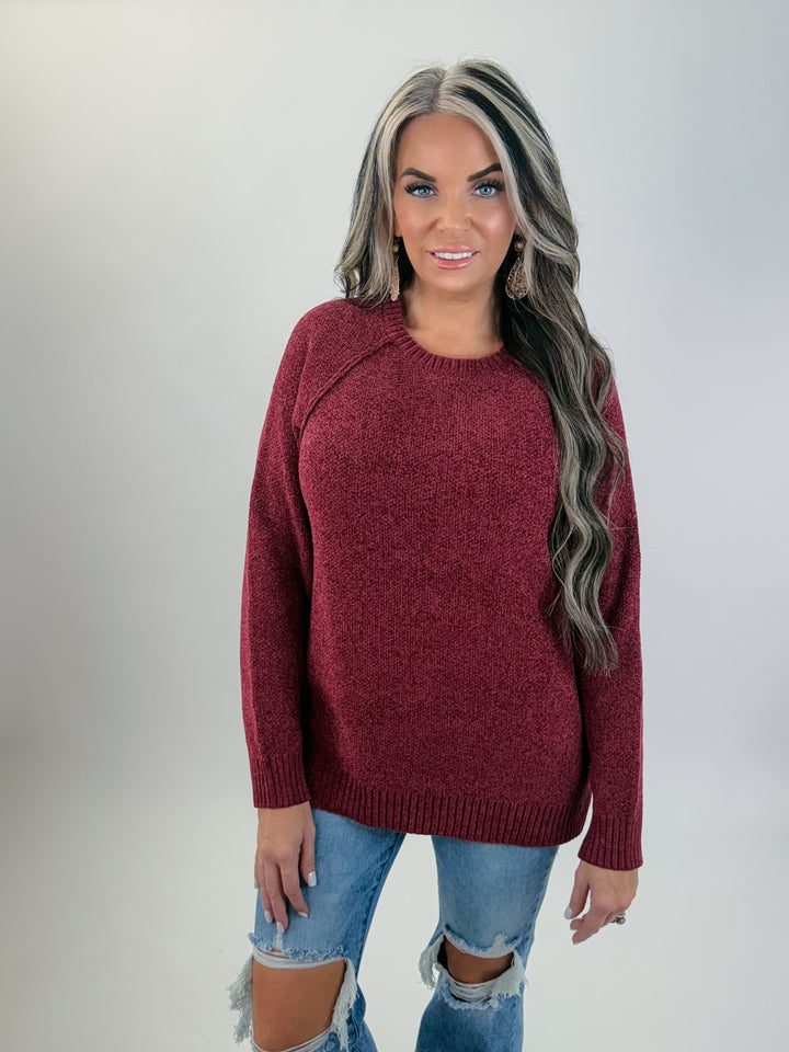 PERFECTLY YOU  CHENILLE RAGLAN SWEATER Burgundy