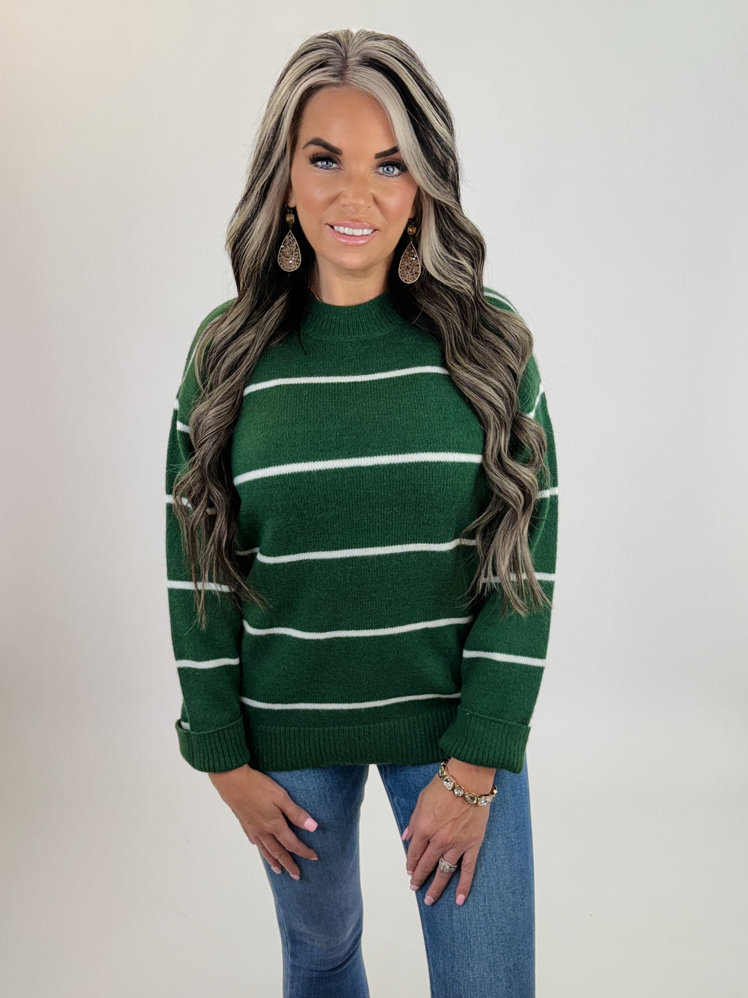 Striped Drop Shoulder Sweater -GREEN