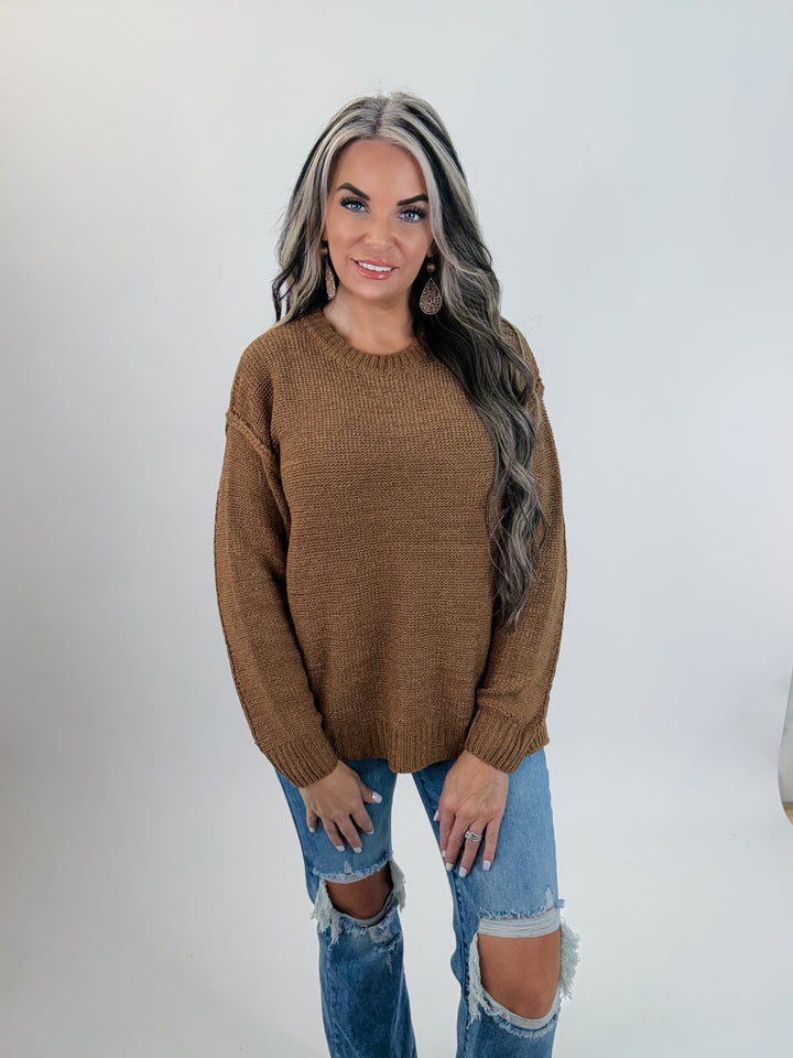 Exposed Seam Round Neck Sweater camel