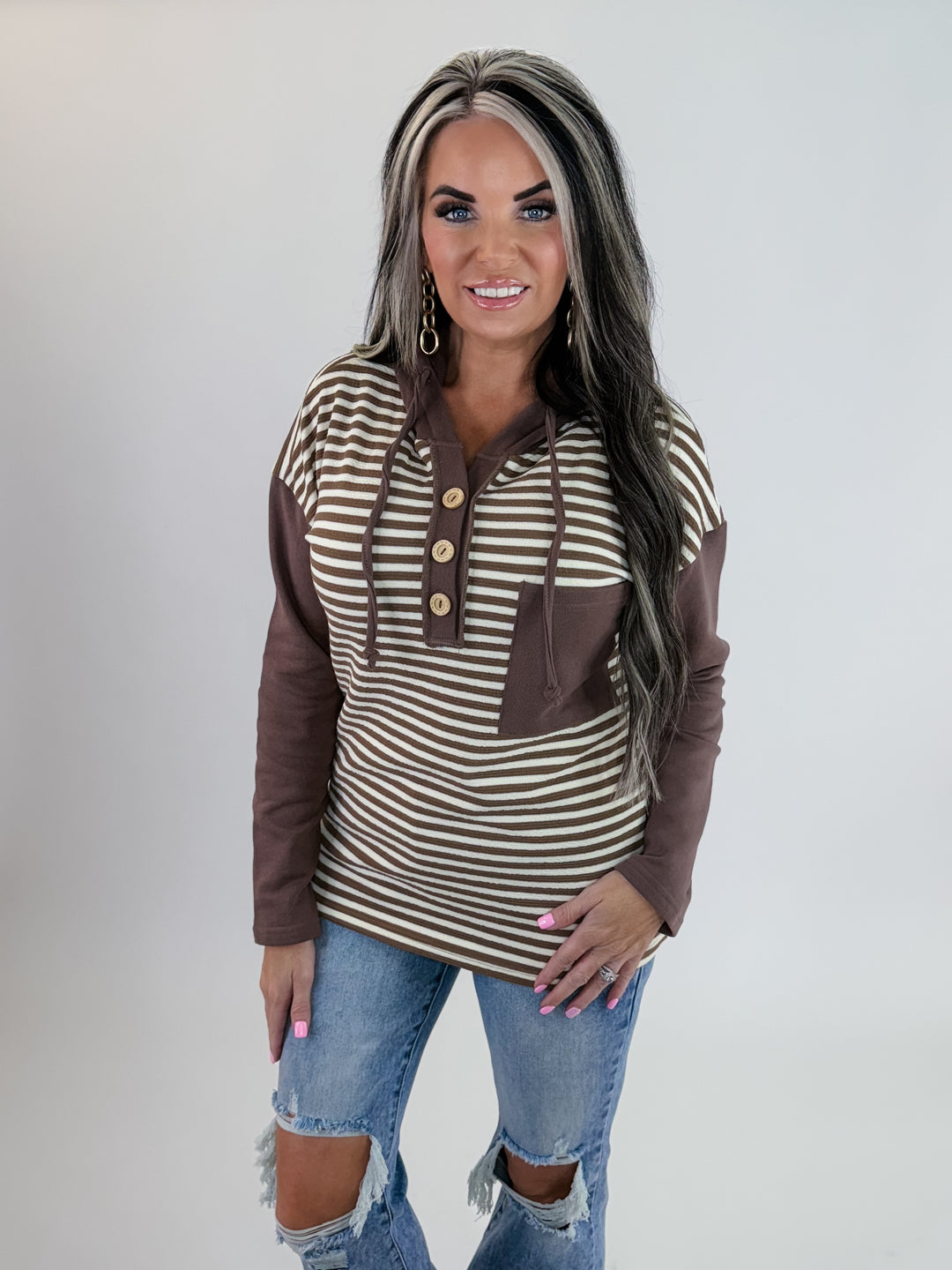 Sweet Comfort Henley Hoodie – Mocha Stripe