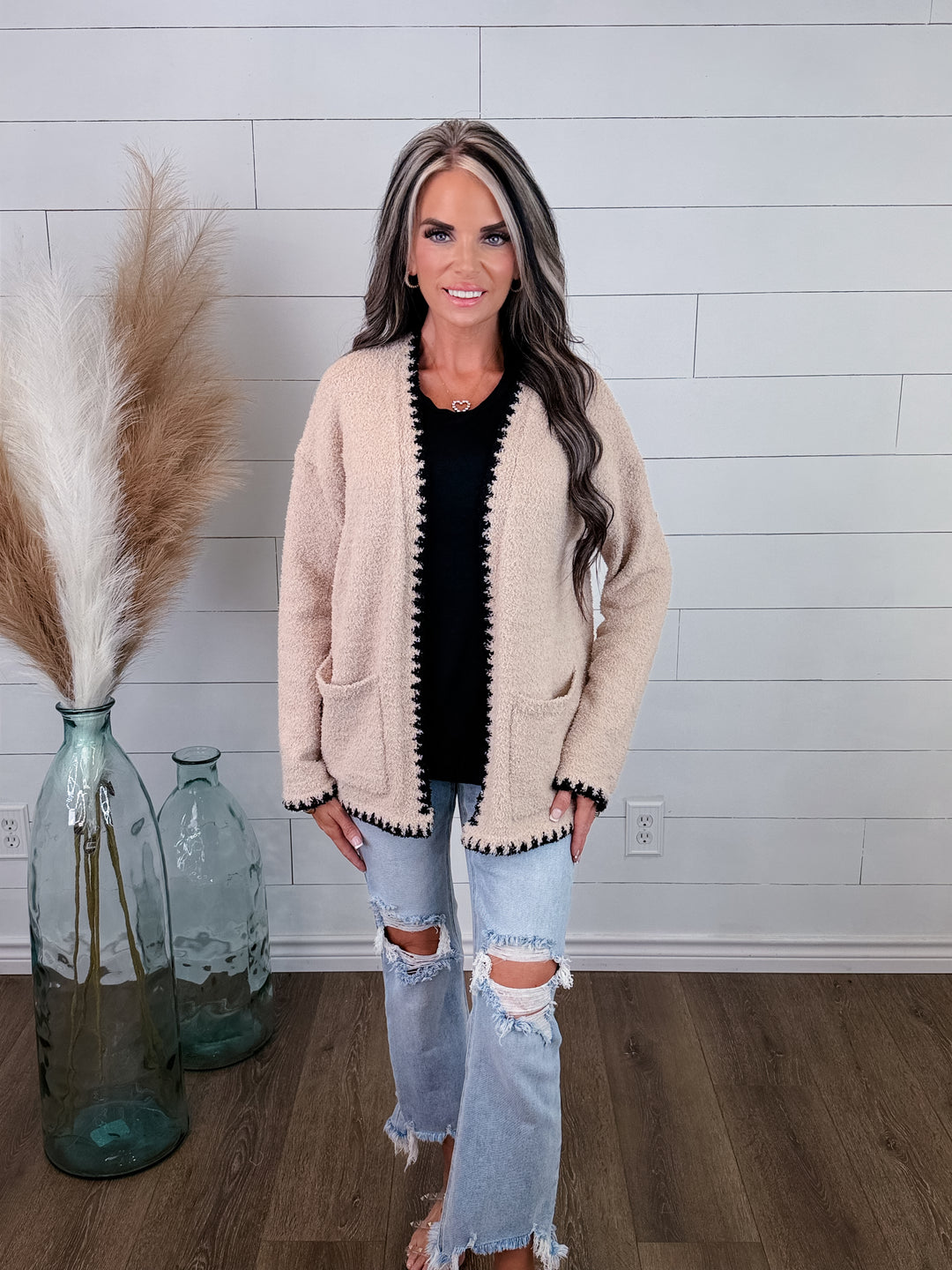 * PRE ORDER *Coffee Date Contrast Cardigan teddy bear soft est ship date 9/18