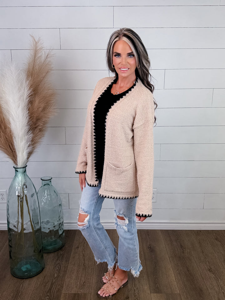* PRE ORDER *Coffee Date Contrast Cardigan teddy bear soft est ship date 9/18