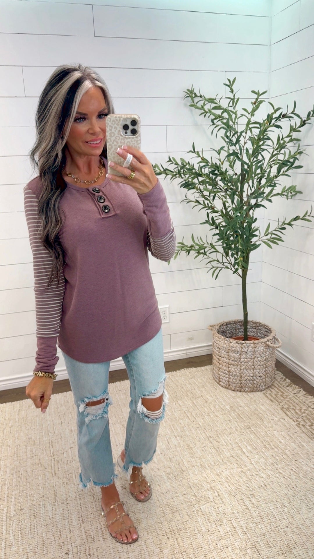 Pre order * est ship date 9-11Best seller * STRIPE WEEKEND HENLEY SLEEVE TOP