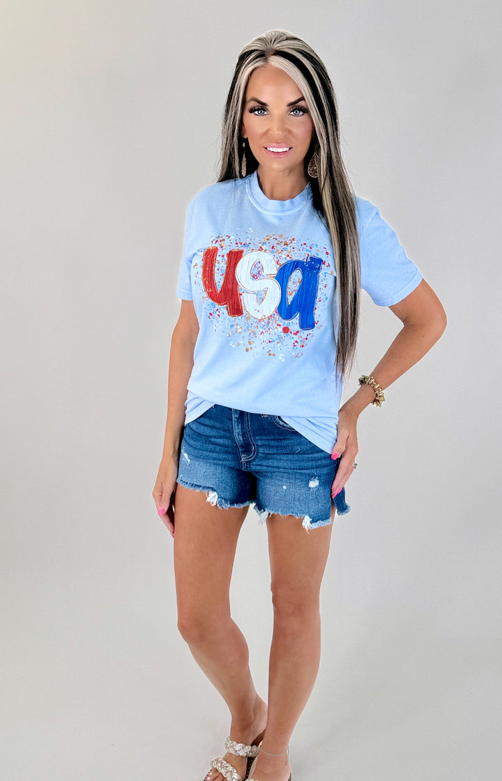 USA PAINT SPLATTER GRAPHIC TEE ships