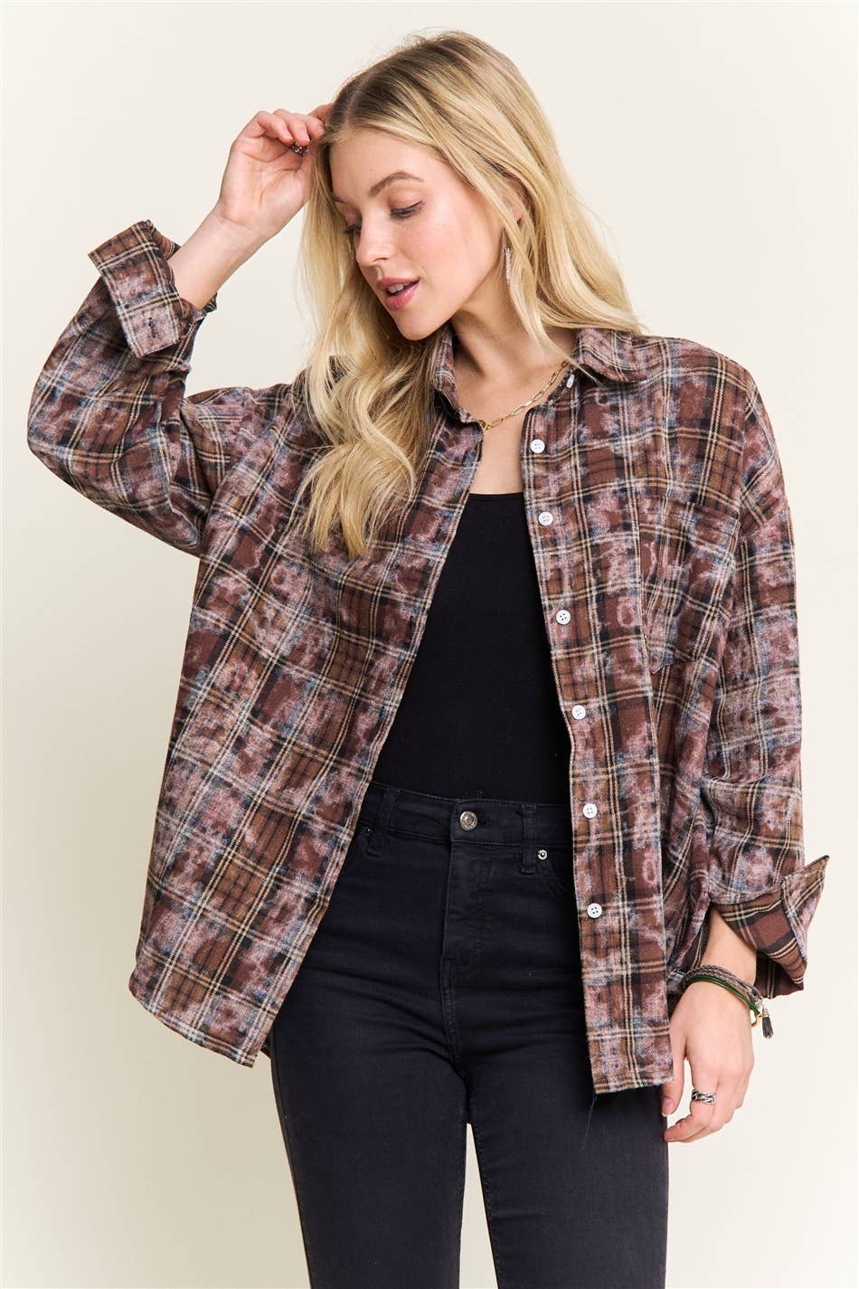 BURNOUT PLAID WASHED-LOOK SHIRT: Brown