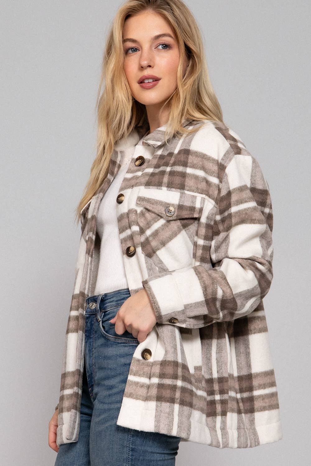 Long Sleeve Inside Faux Fur Brushed Plaid shacket