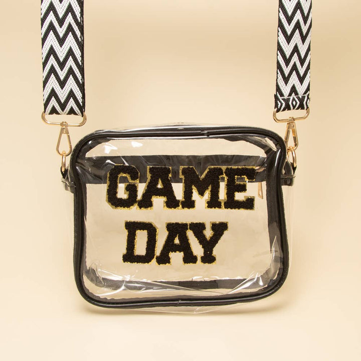 “Game Day” Fuzzy Chenille Clear Crossbody Bag: Black