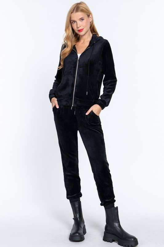 DOORBUSTER Long Sleeve Faux Fur Hoodie Jacket & Jogger Pants Set: Blk-Black