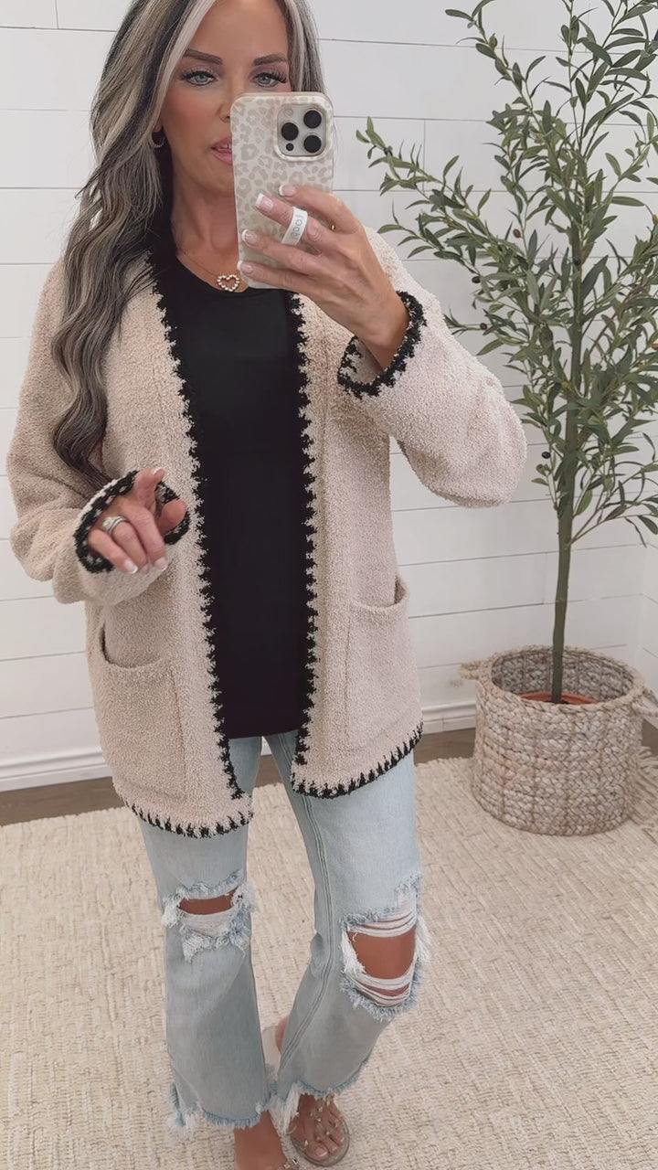 * PRE ORDER *Coffee Date Contrast Cardigan teddy bear soft est ship date 9/18